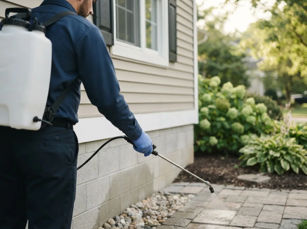 Pest control technician inspecting a home in Gardiner, ME